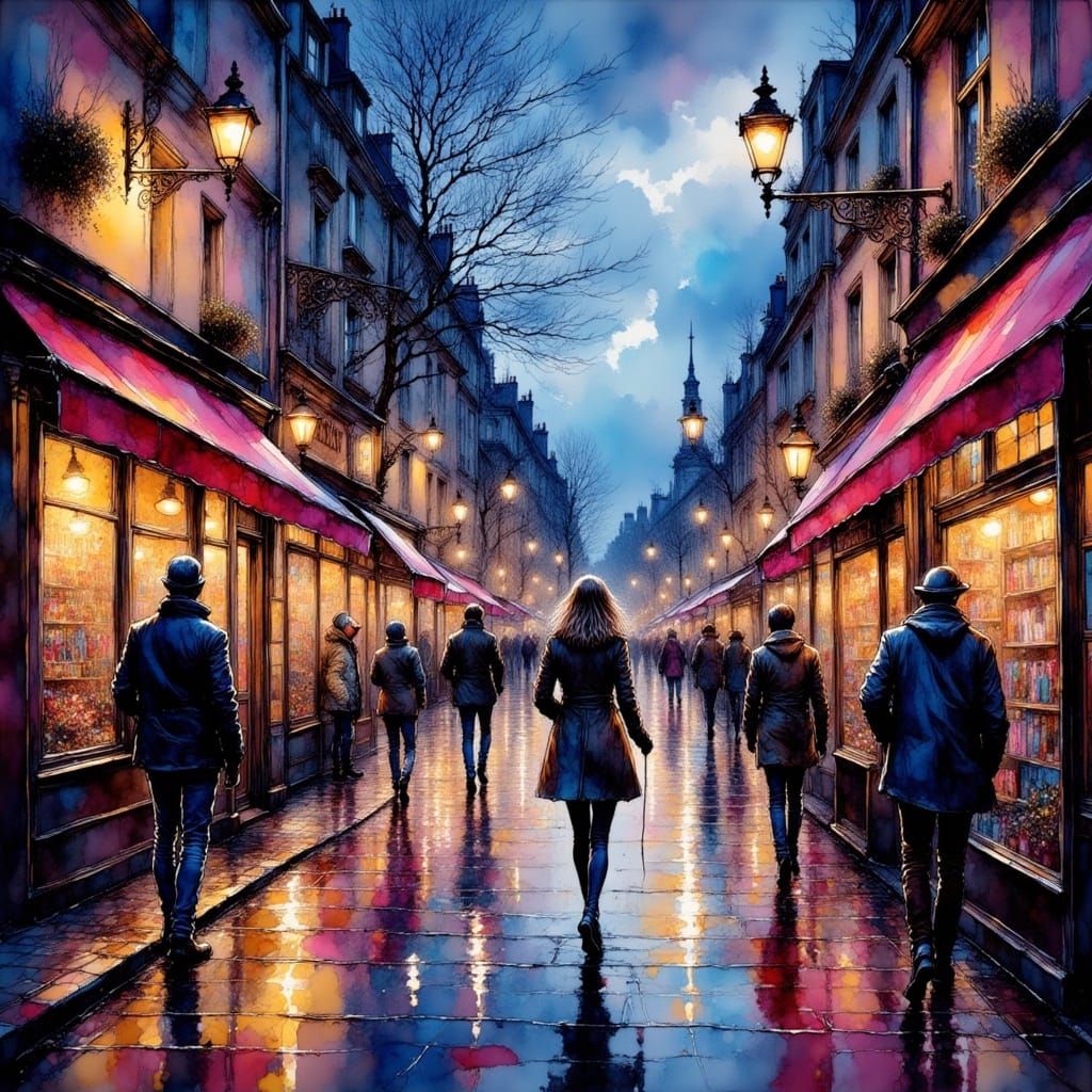 Rainy Paris Street Scene in Splash Art Style