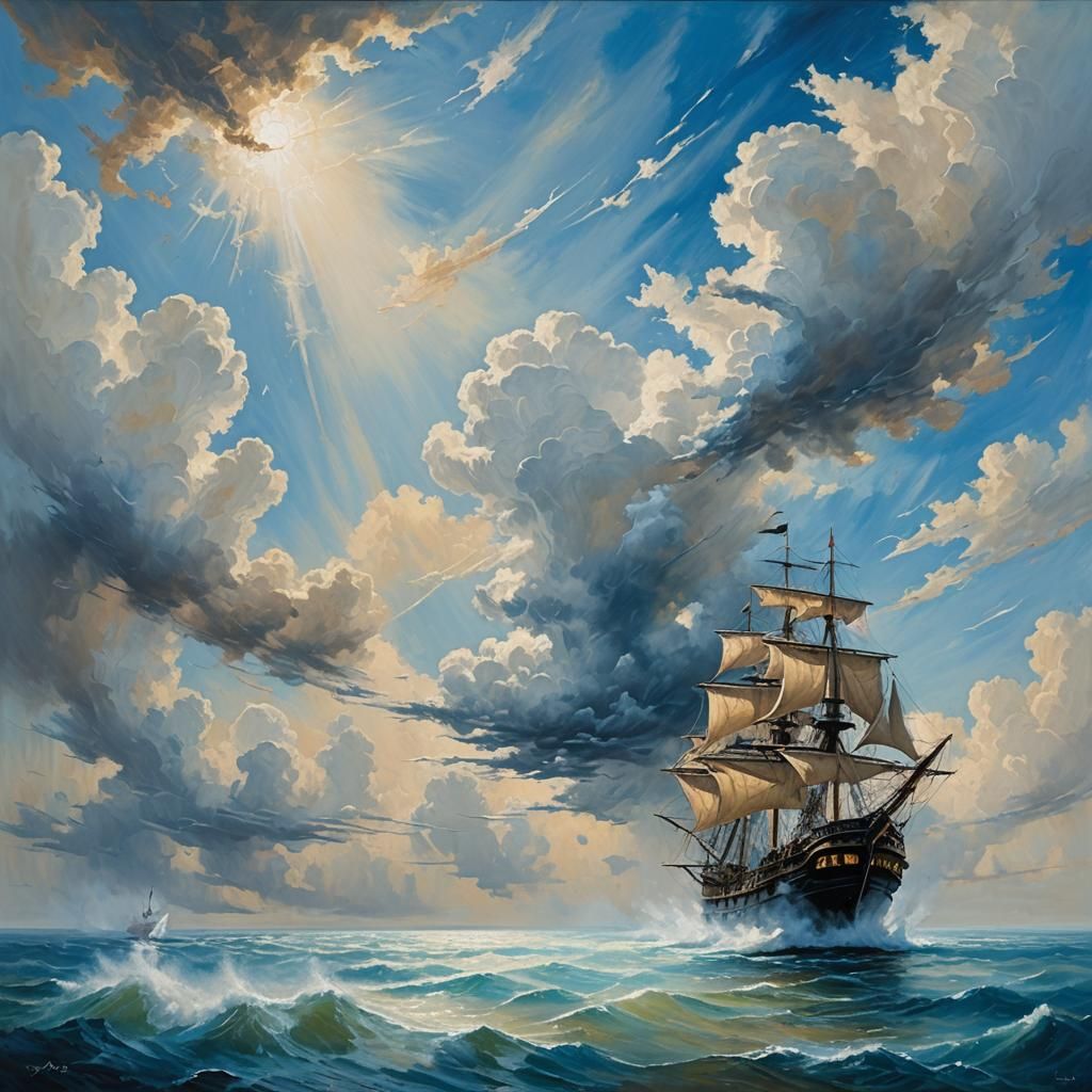 Steampunk Ship Sails Through Clouds in Impressionist Paintin...