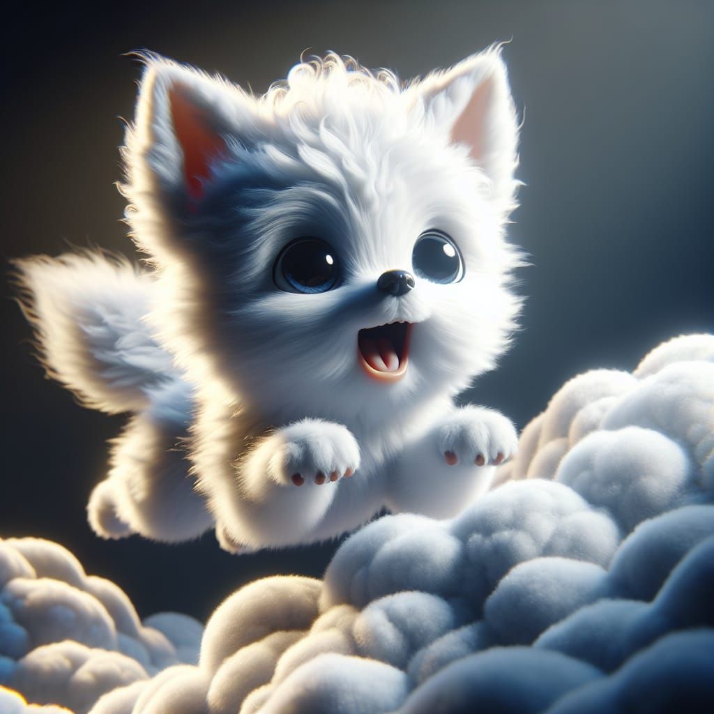 Joyful White Wolf Pup on Cloud as Digital Art