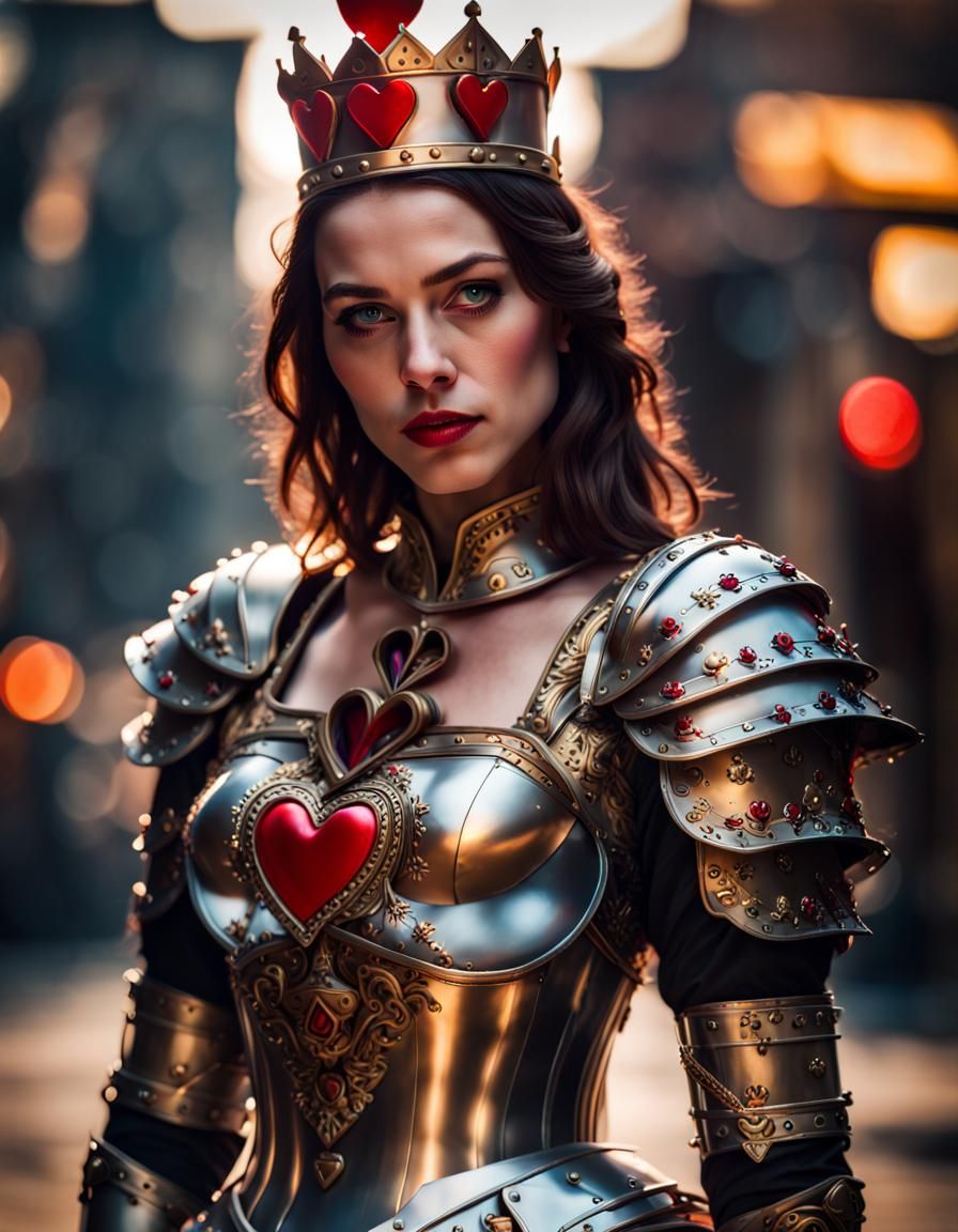 Epic Metal-Armored Queen of Hearts: Hyperrealistic Splash Ar...
