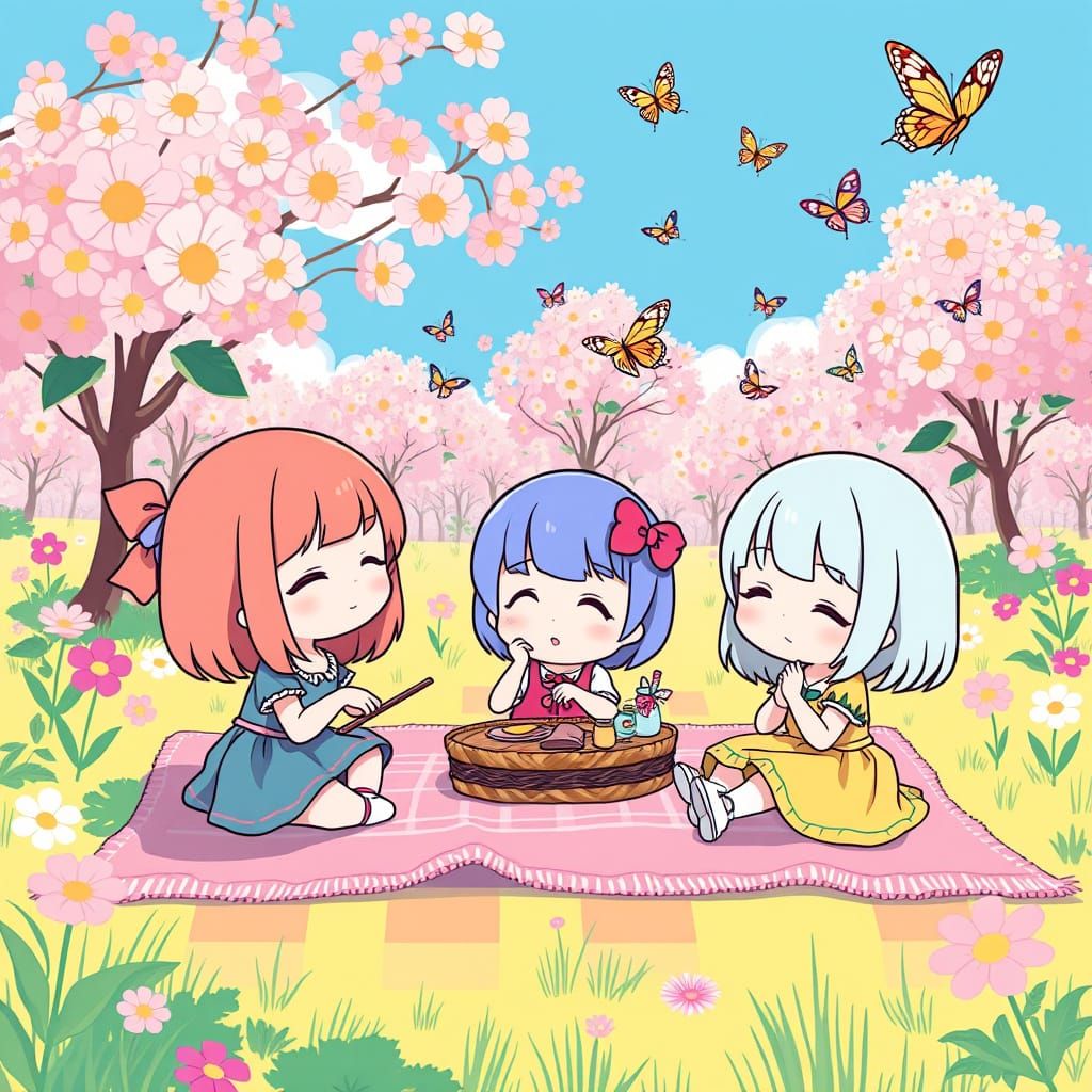 Chibi Picnic in a Vibrant, Colorful Park