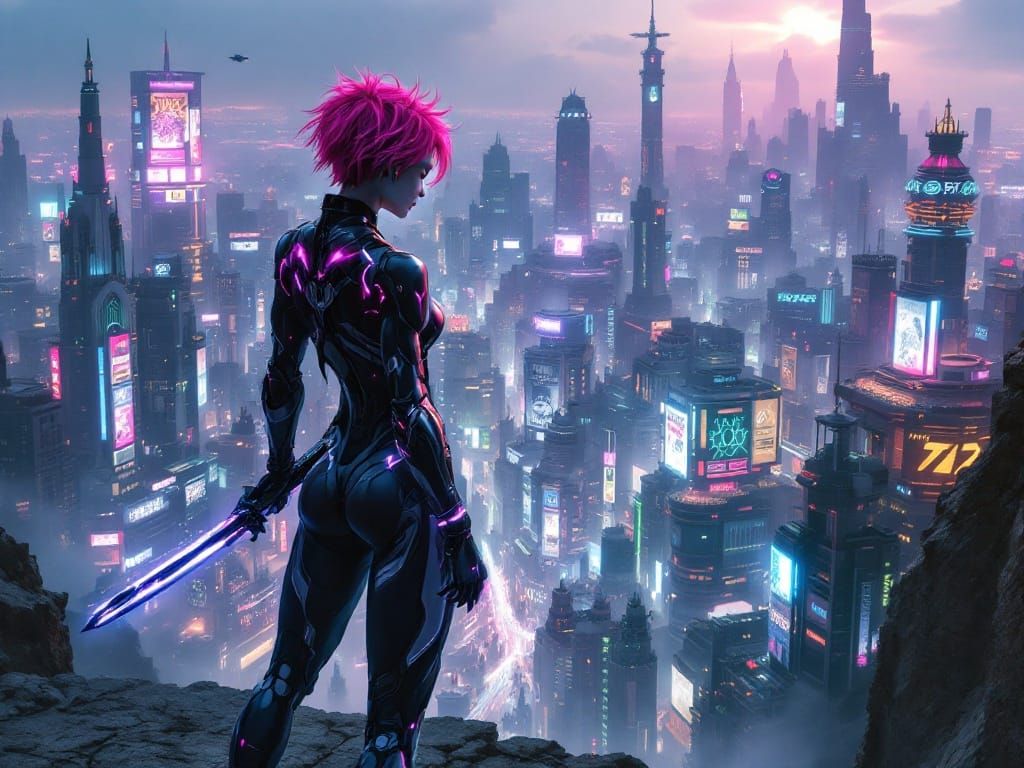 Android Warrior Overlooks Cyberpunk Metropolis in Neon-Lit G...