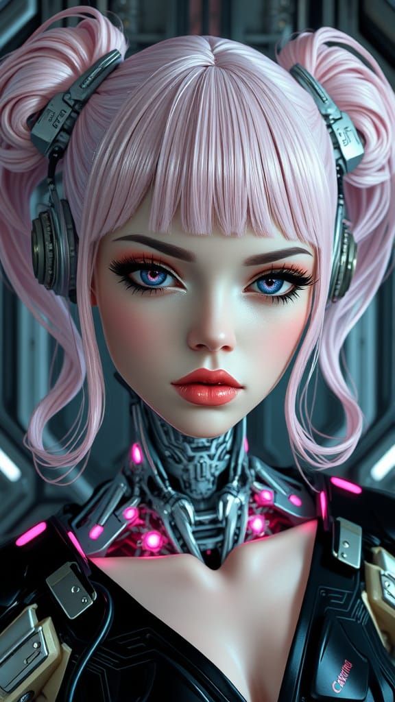 Cybernetic Goddess with Pastel Pink Hues and Futuristic Chro...