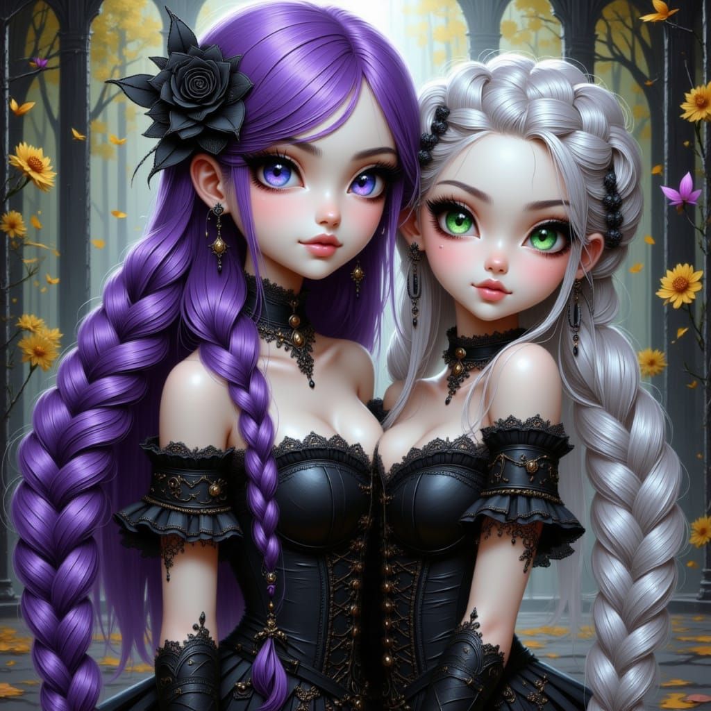 Anime Chibi Neko Girl with Braids in Gothic Ballroom