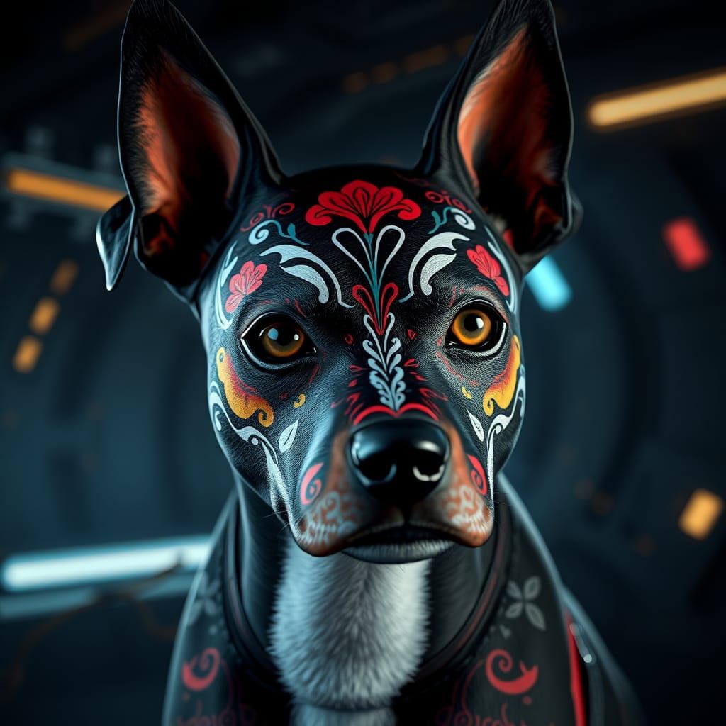 Dog with Catrina Face Paint in Sci-Fi Style