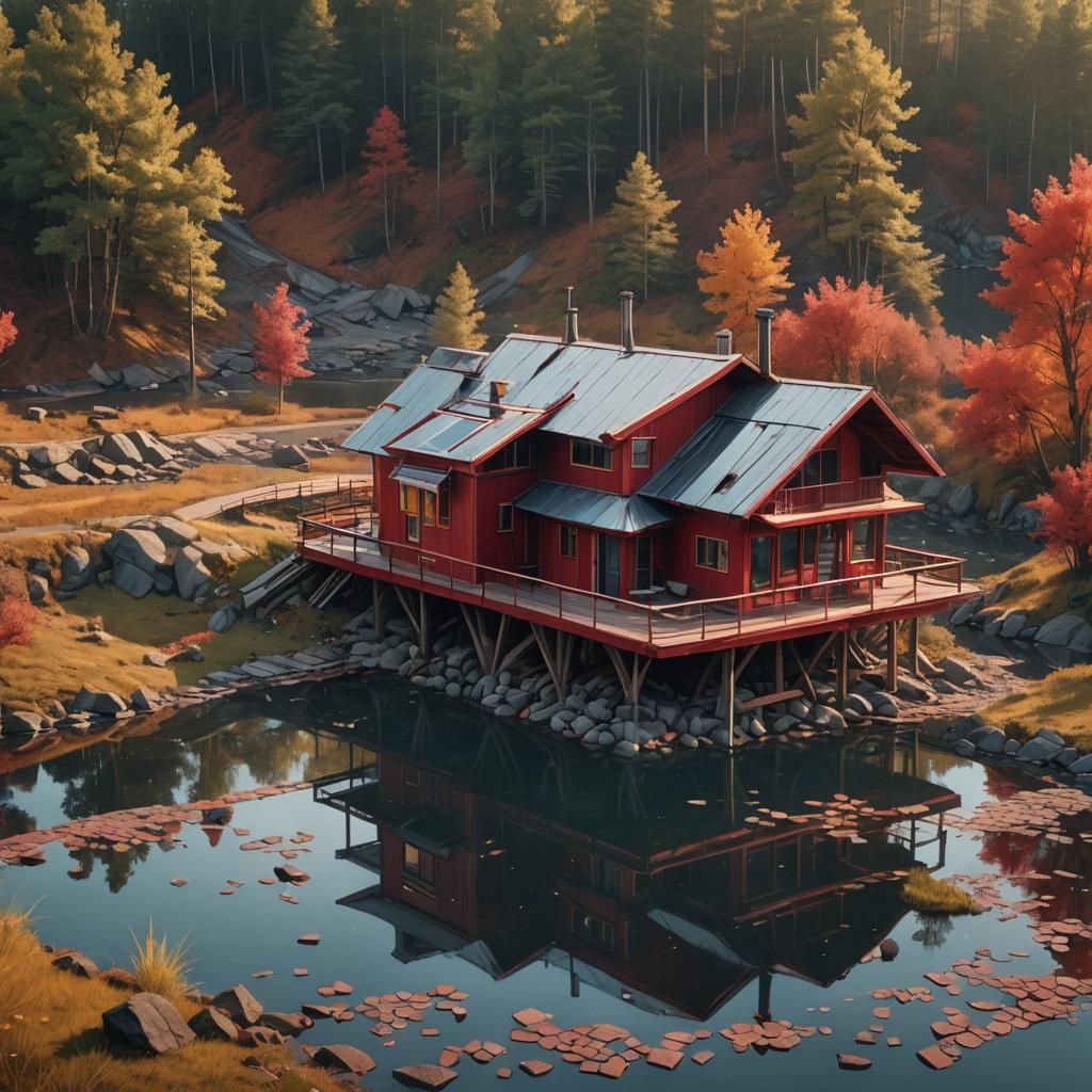 Sci-Fi Bungalow by River with Mirror Reflections