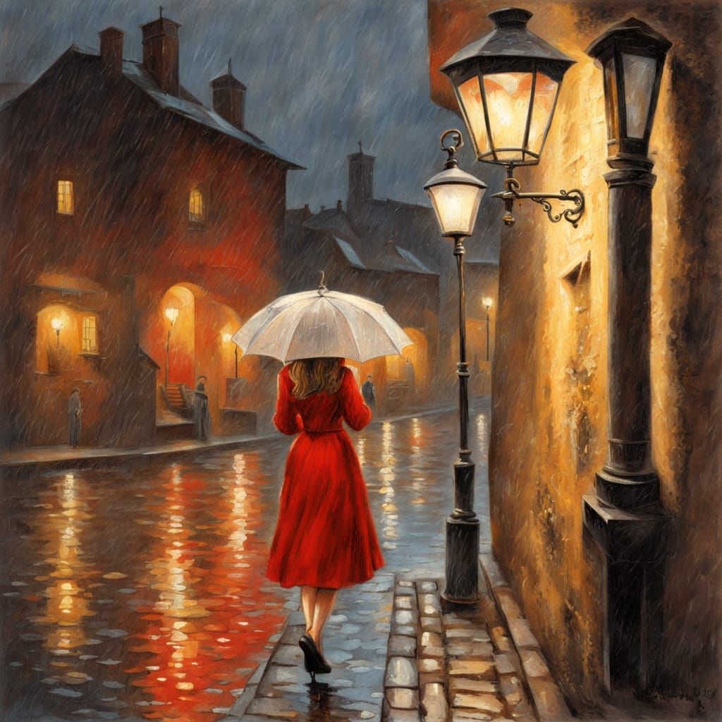 Romantic Medieval Night Scene with Woman Under Umbrella