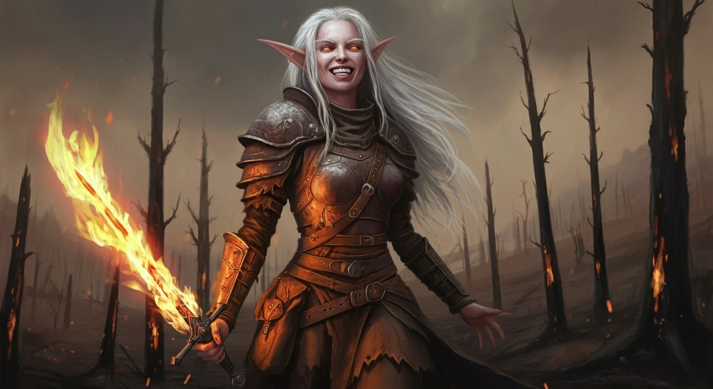 Elf Warrior Striding Through Charred Forest