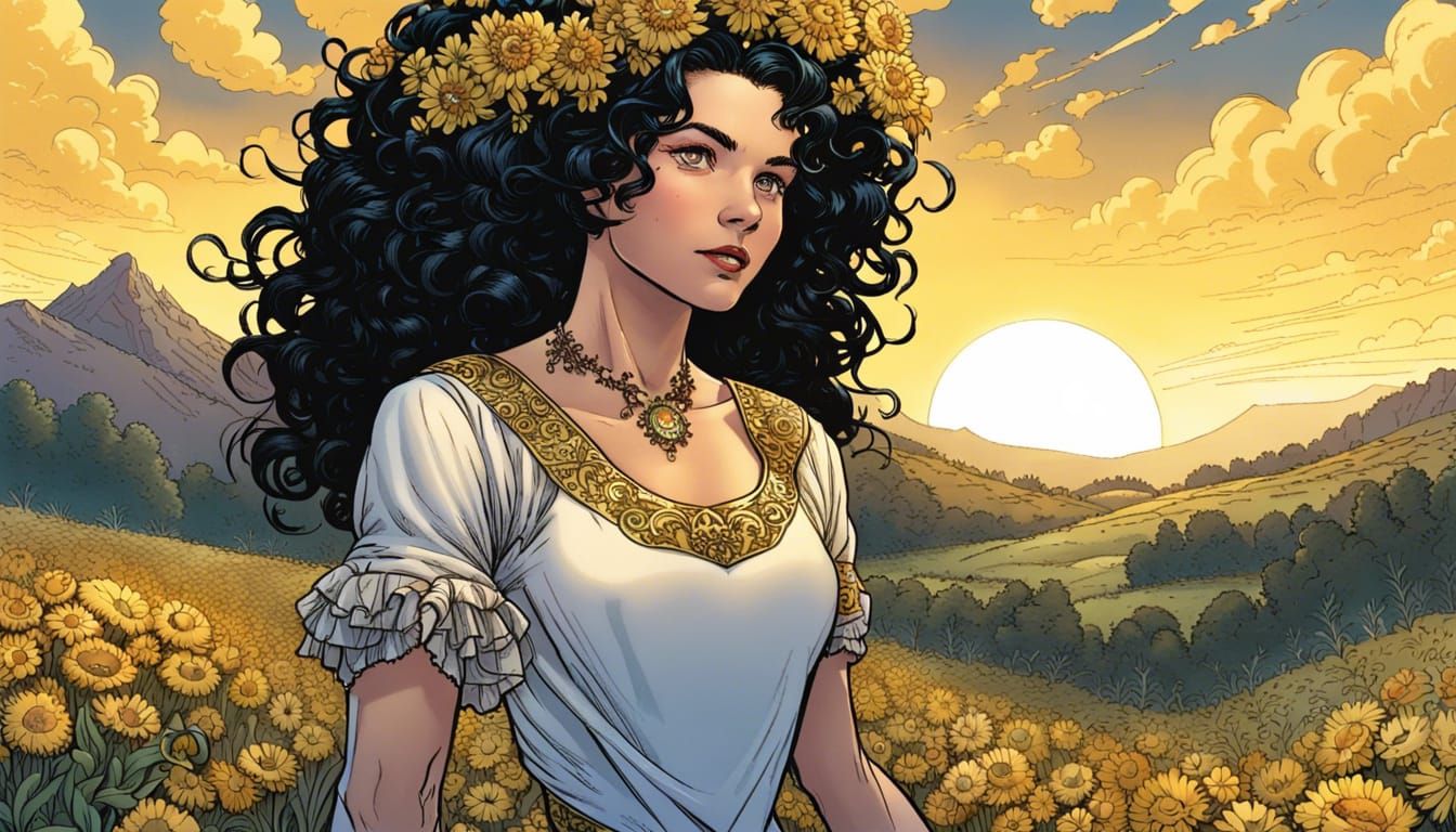 Girl in Ukrainian Dress on Flower Field, Comic Art