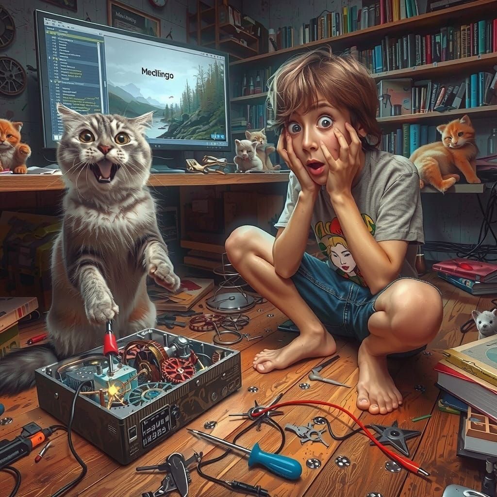 Whimsical Cat Inventor in a Golden-Lit Workshop