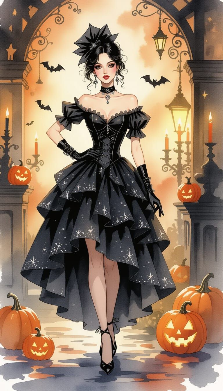 Sparkling Gothic Black Dress in Halloween Watercolor Style
