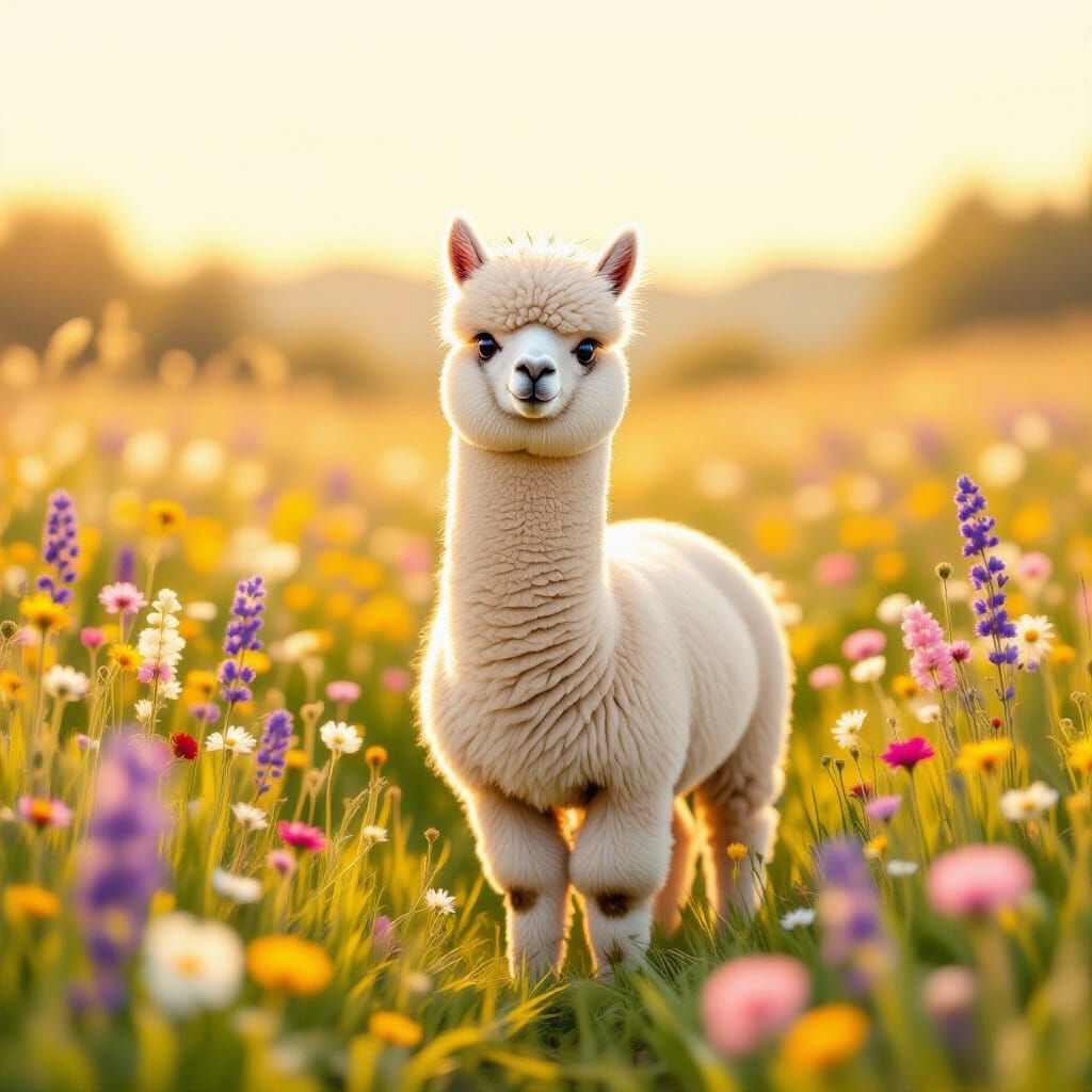 Alpaca in Golden Hour Meadow, Storybook Style