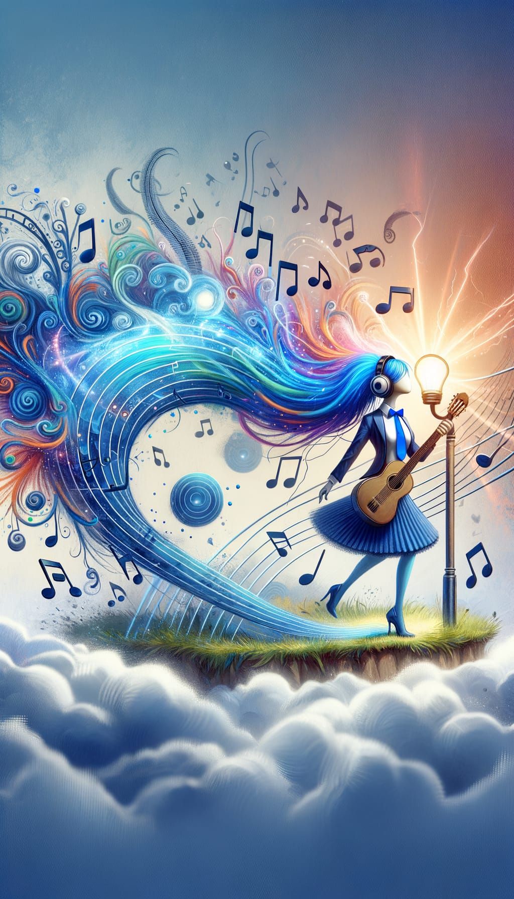 Digital Muse Embodies Musical Aspiration in Cyberpunk Style