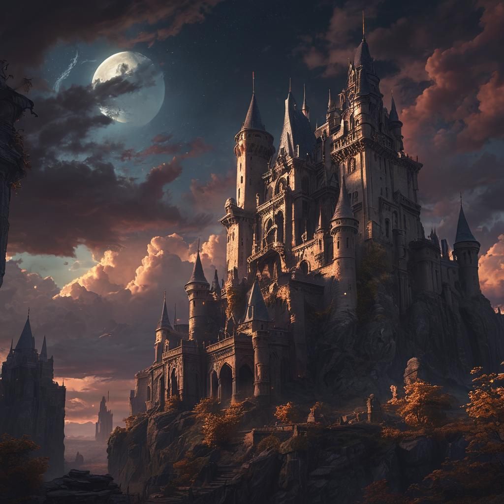 Majestic Castle Ruins Under Moonlit Sky