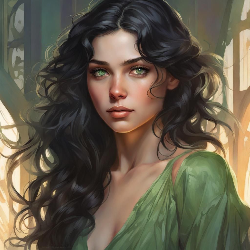 Beautiful Girl Portrait with Green Eyes, Hyperdetailed Art