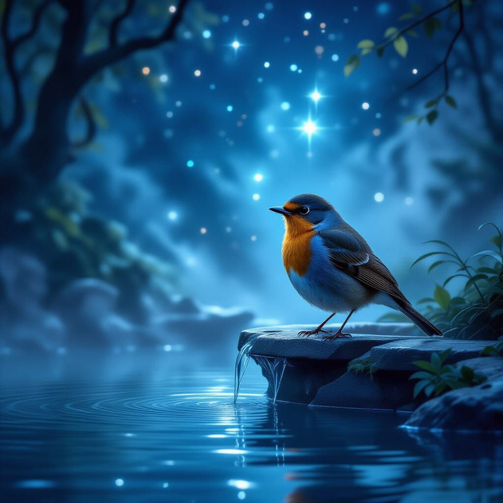Robin by Starry Fountain in Dark Fantasy Style