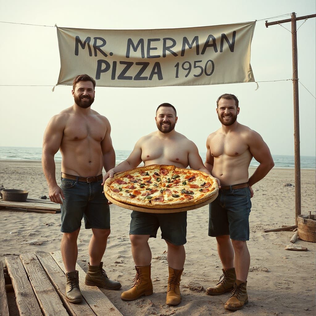 Muscular Mermen Share Pizza on Beach, Vintage Photography St...