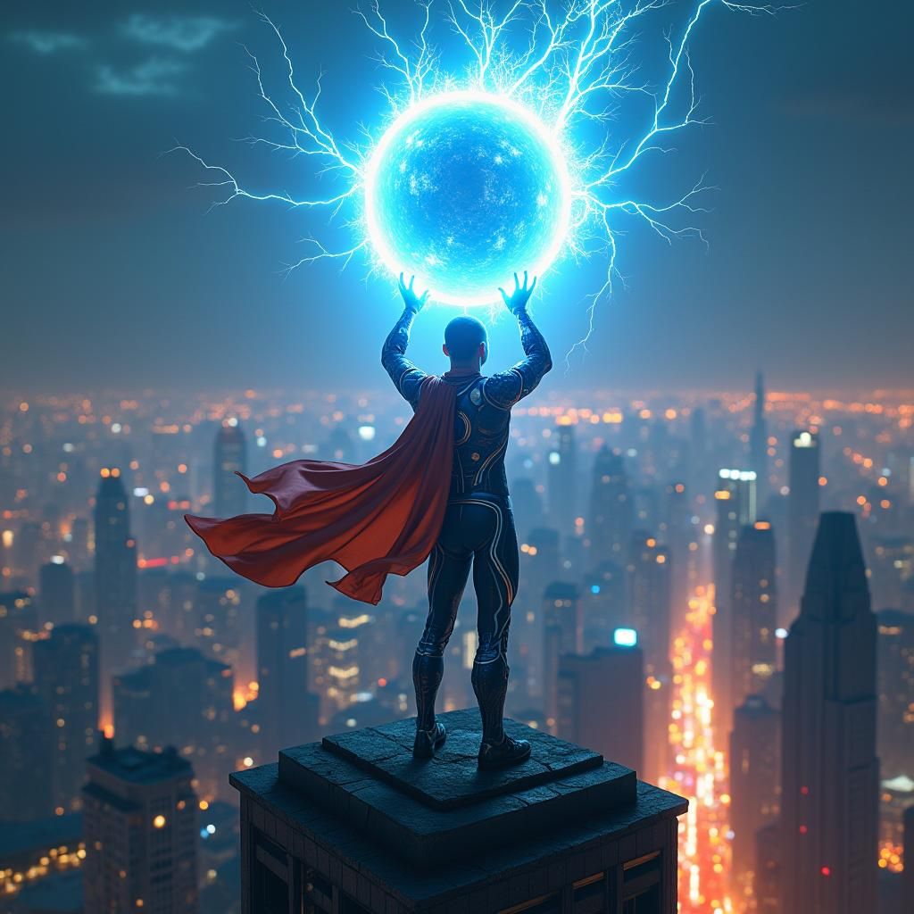 Electricity Superhero in a Neon Cityscape