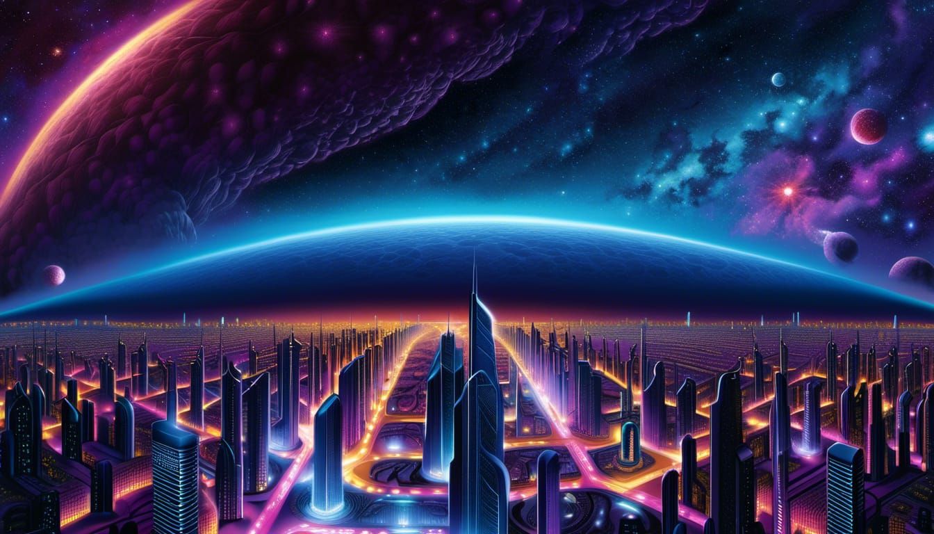 Colorful Futuristic Alien City at Night