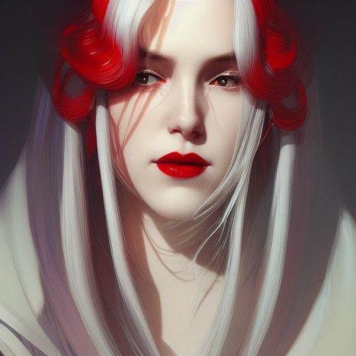 Woman with White Hair and Red Lips, Detailed Portrait