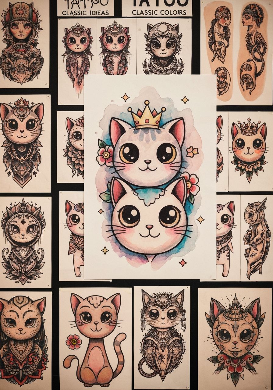 Kawaii Cat Tattoo Flash Sheet in Watercolor Style