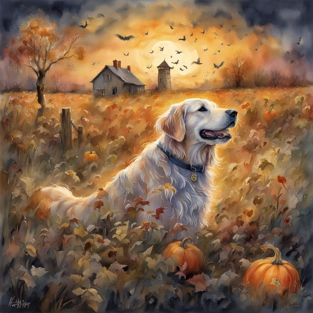 Golden Retriever Barks at Scarecrow in Watercolor