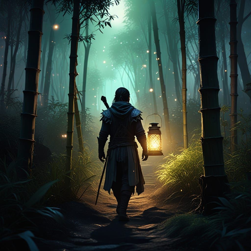 Elven Ranger in Misty Bamboo Forest: Matte Painting