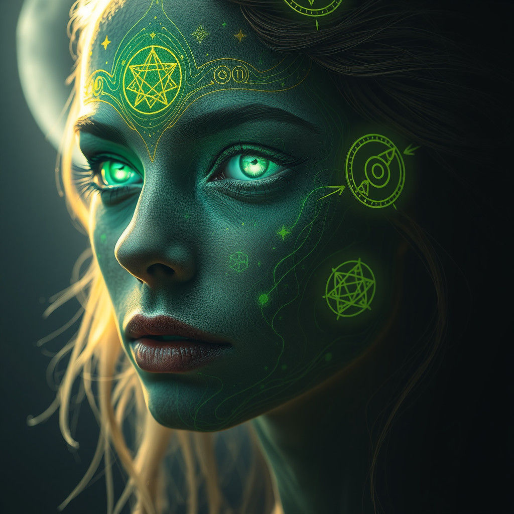 Ethereal Woman with Emerald Eyes in Biomechanical Style