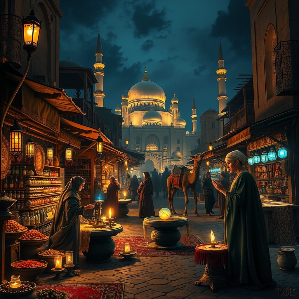 Arabian Night Market Illuminated by Torches and Lamps