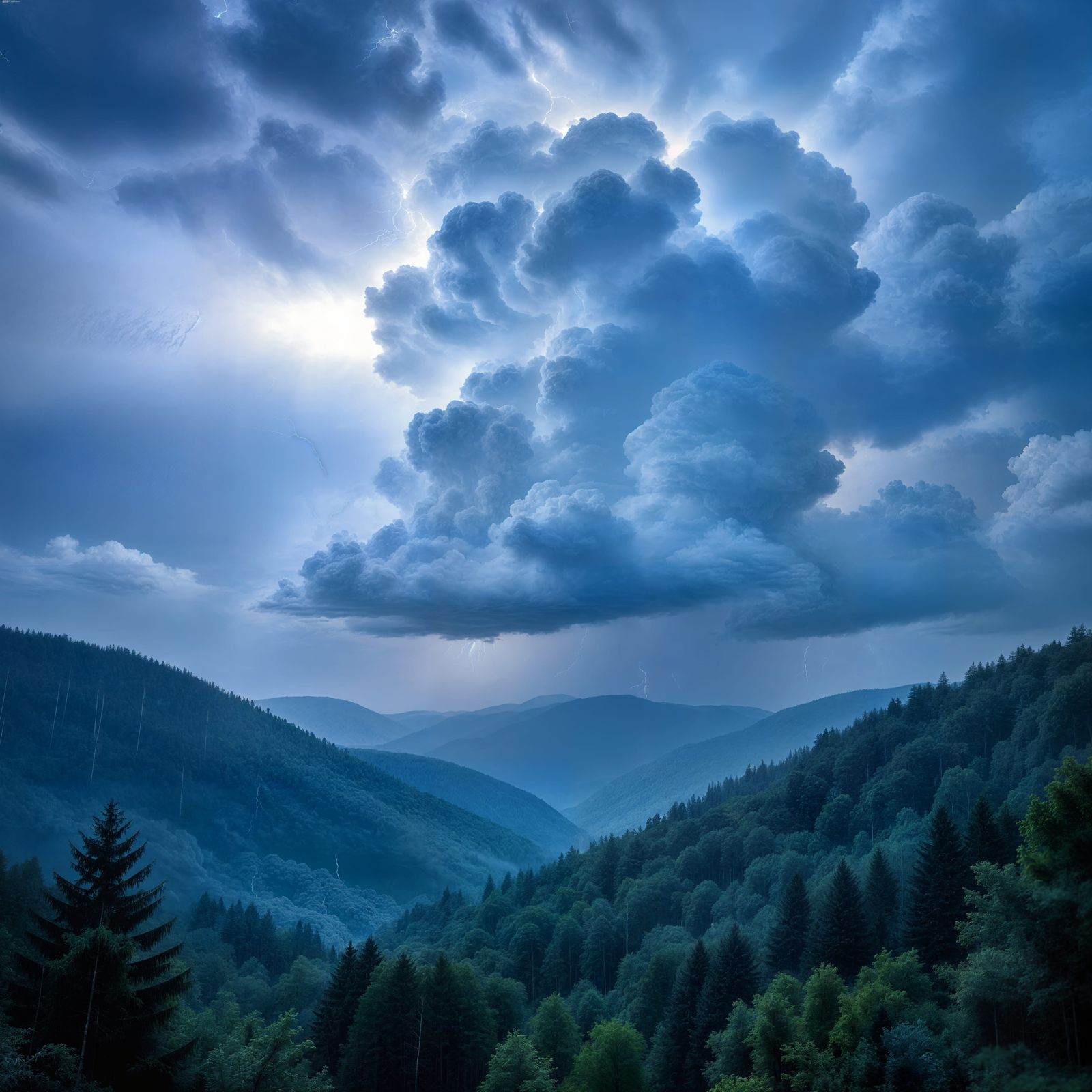 Massive Thunderstorm Over Forested Valley