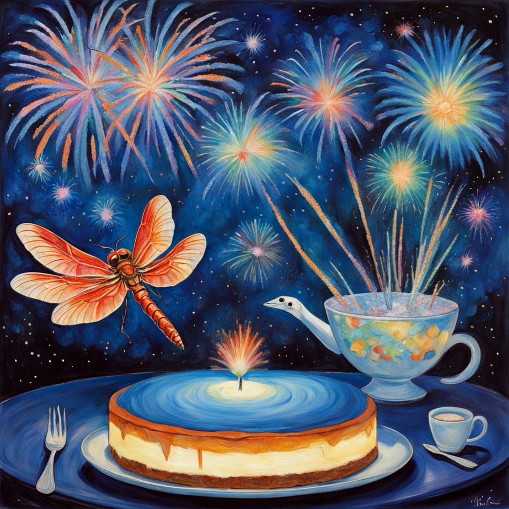 Dragonfly Lands on Spaceship Amidst Blue Fireworks