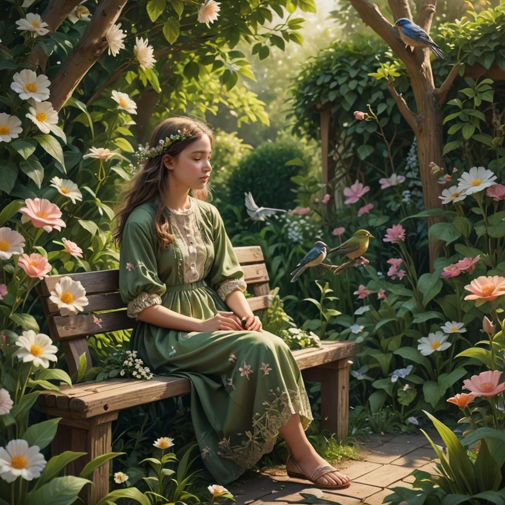 Serene Girl Serenades in a Vibrant Green Oasis