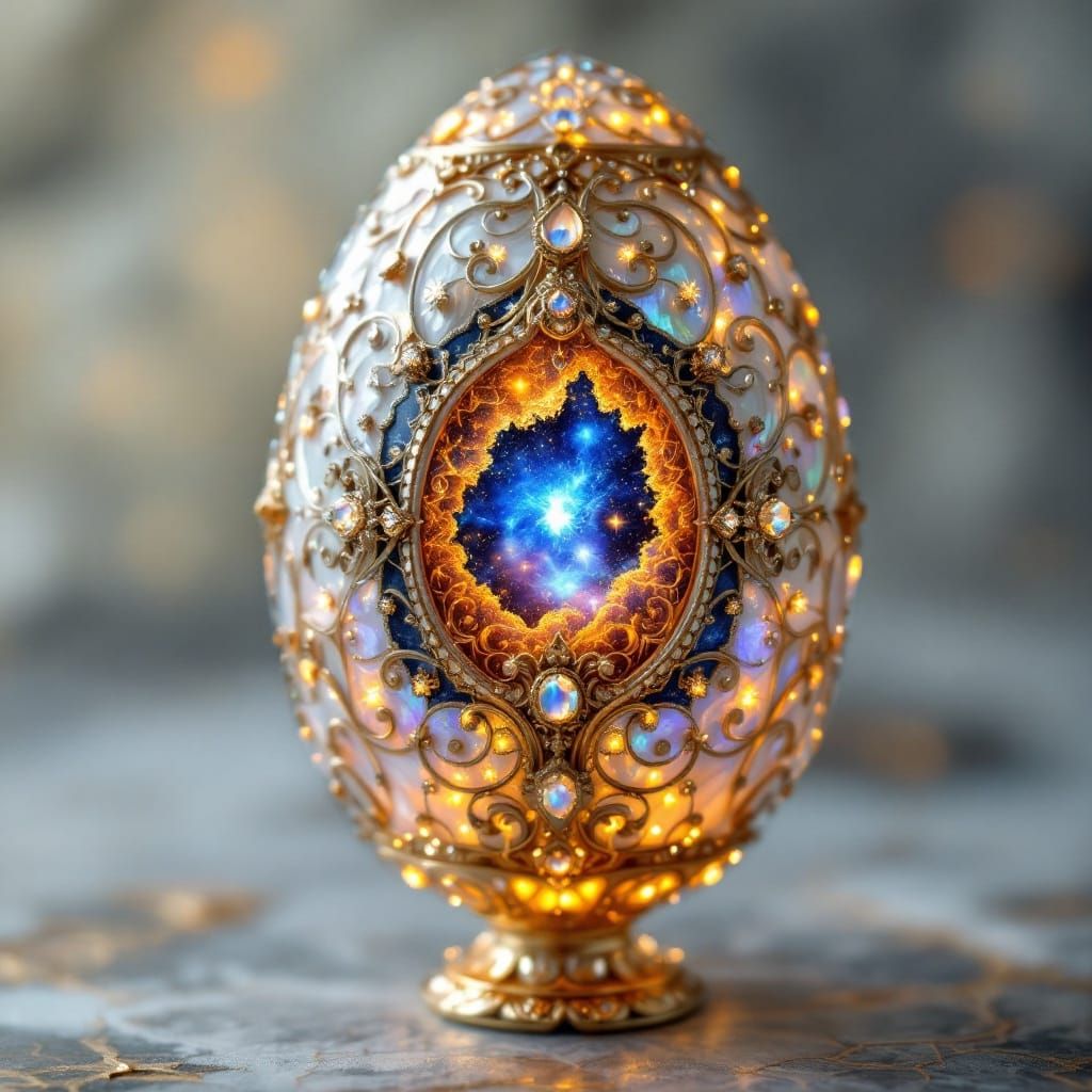 Stunning Mother of Pearl Faberge Egg with Nebula Centerpiece