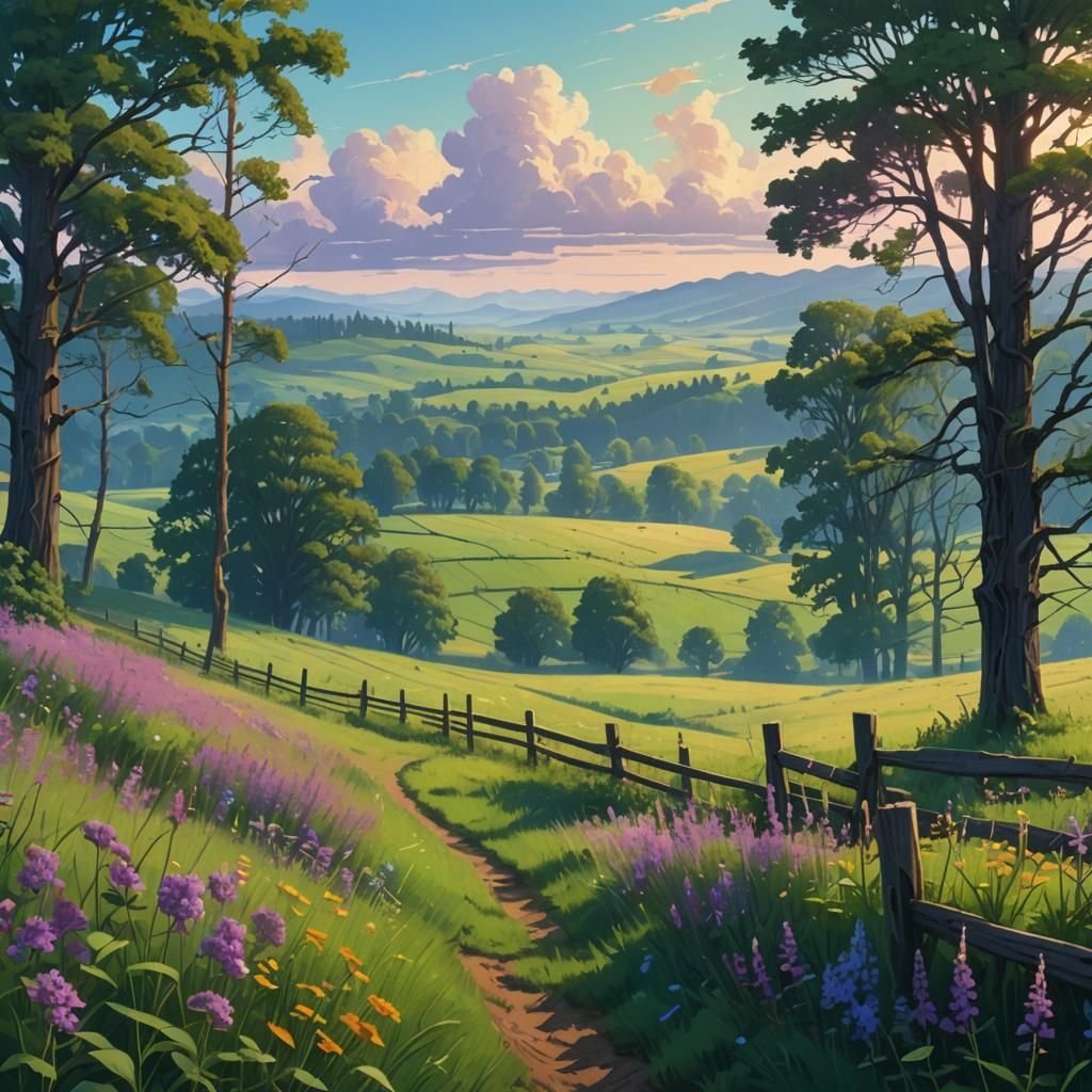 Lush Green Field with Rolling Hills: Fantasy Art