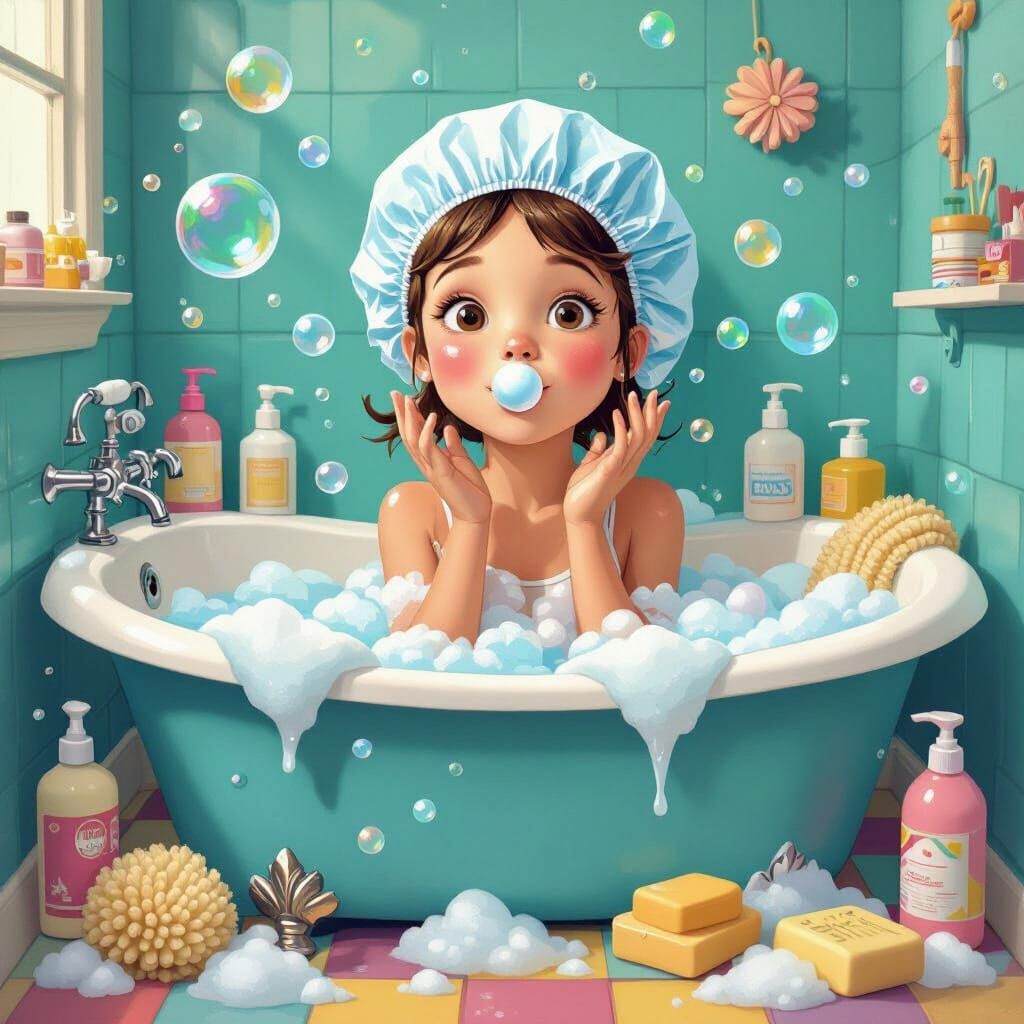 Girl in Caps Surrounded by Bubbles