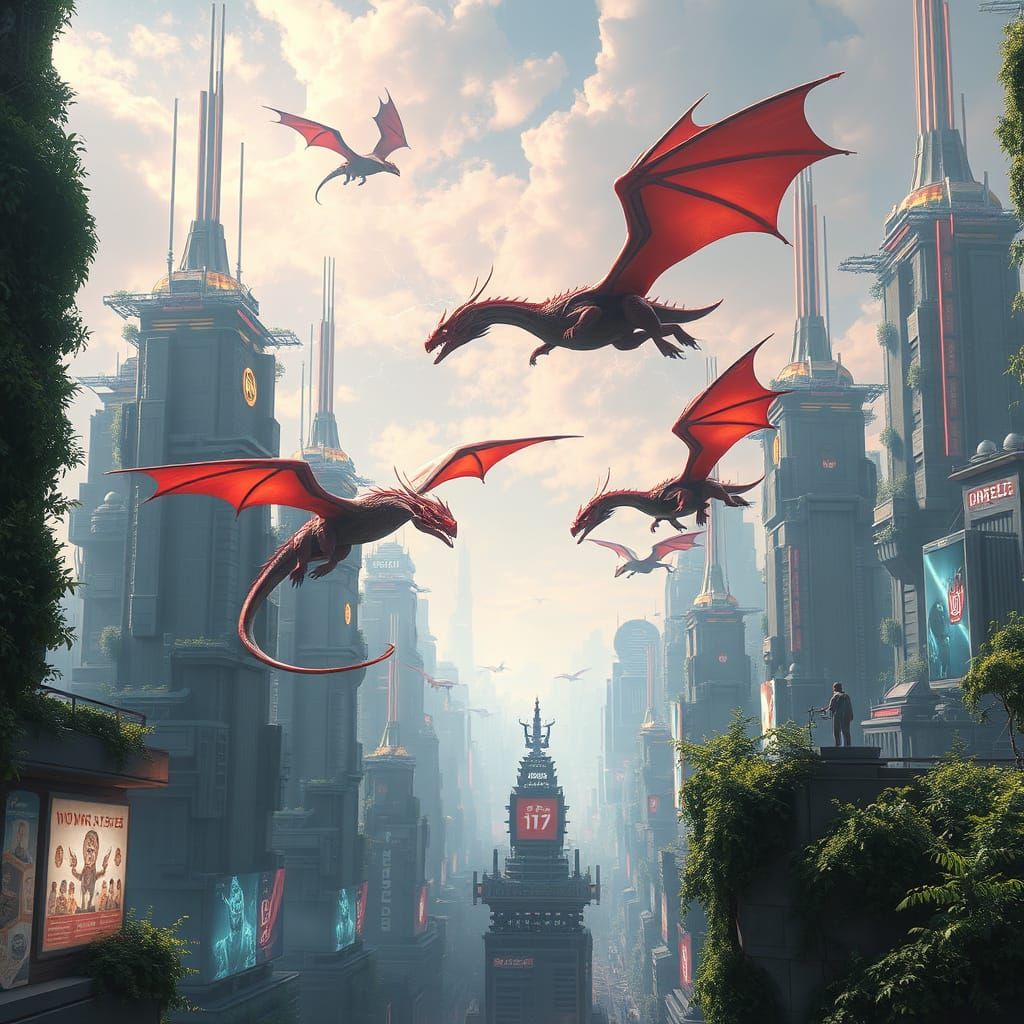 Futuristic Cityscape Where Dragons and Humans Coexist