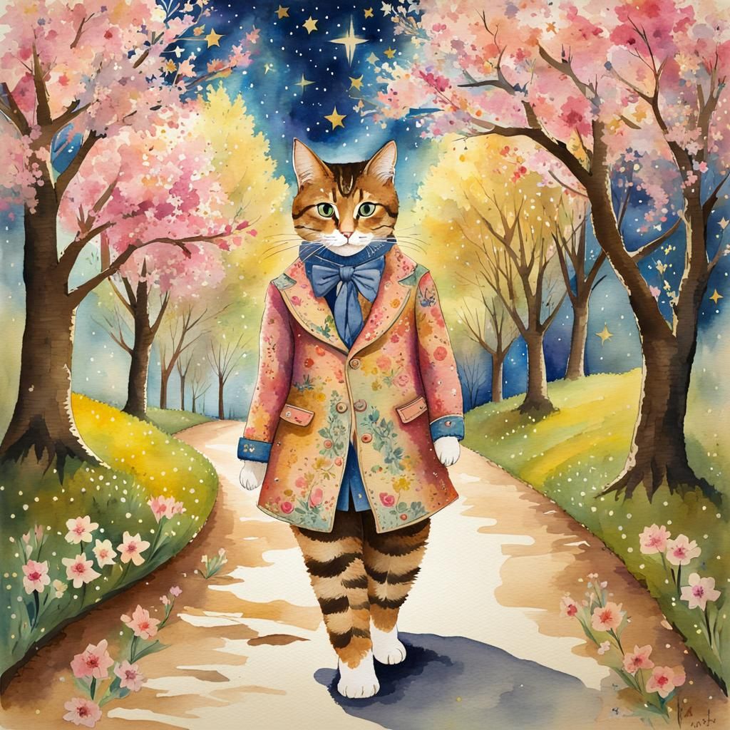 Anthropomorphic Cat in Spring Watercolor Painting