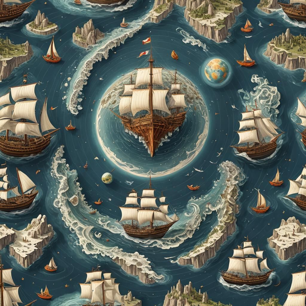 Fantastical Flat Earth with Sailing Ships in Space
