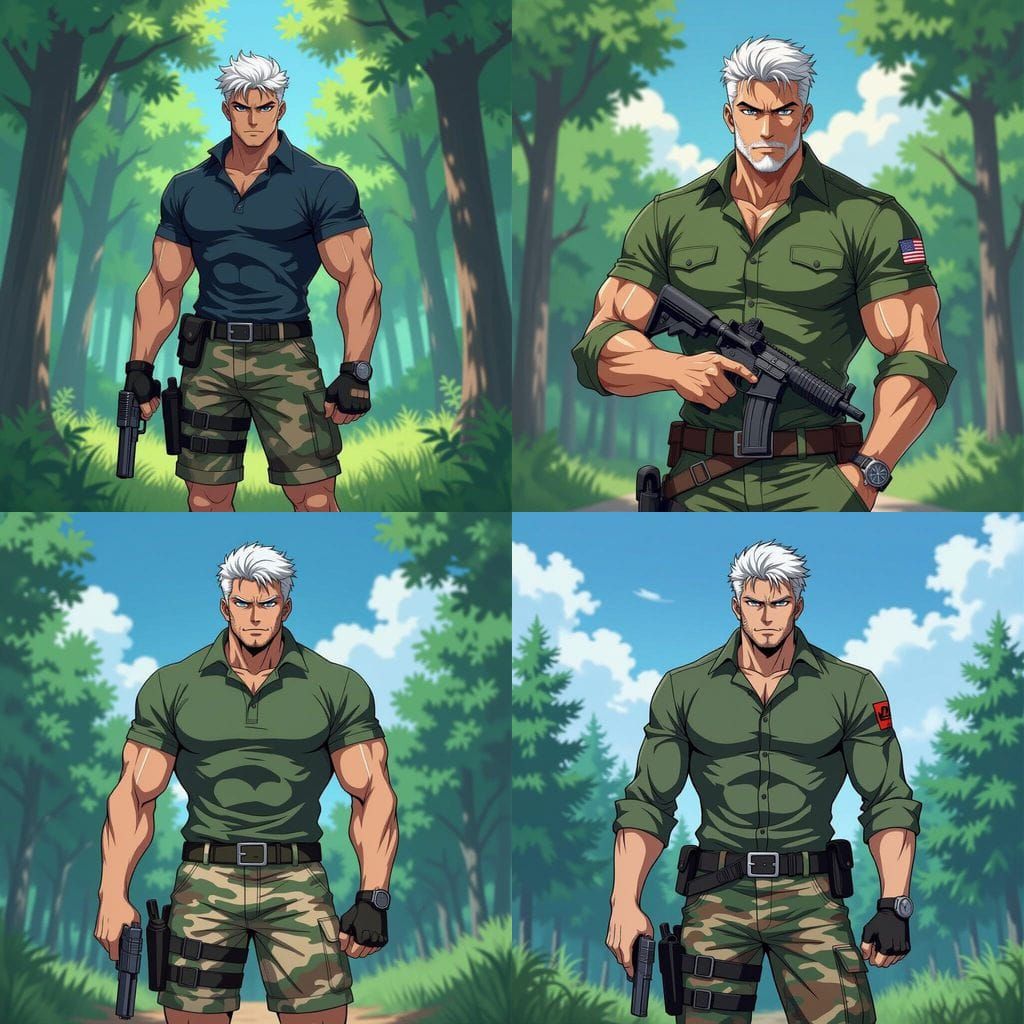 Muscular White-Haired Man in Camo with M1911 Pistol