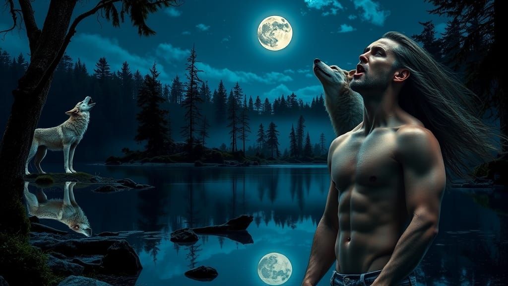 Moonlit Forest Lake with Howling Wolves, Fantasy Art