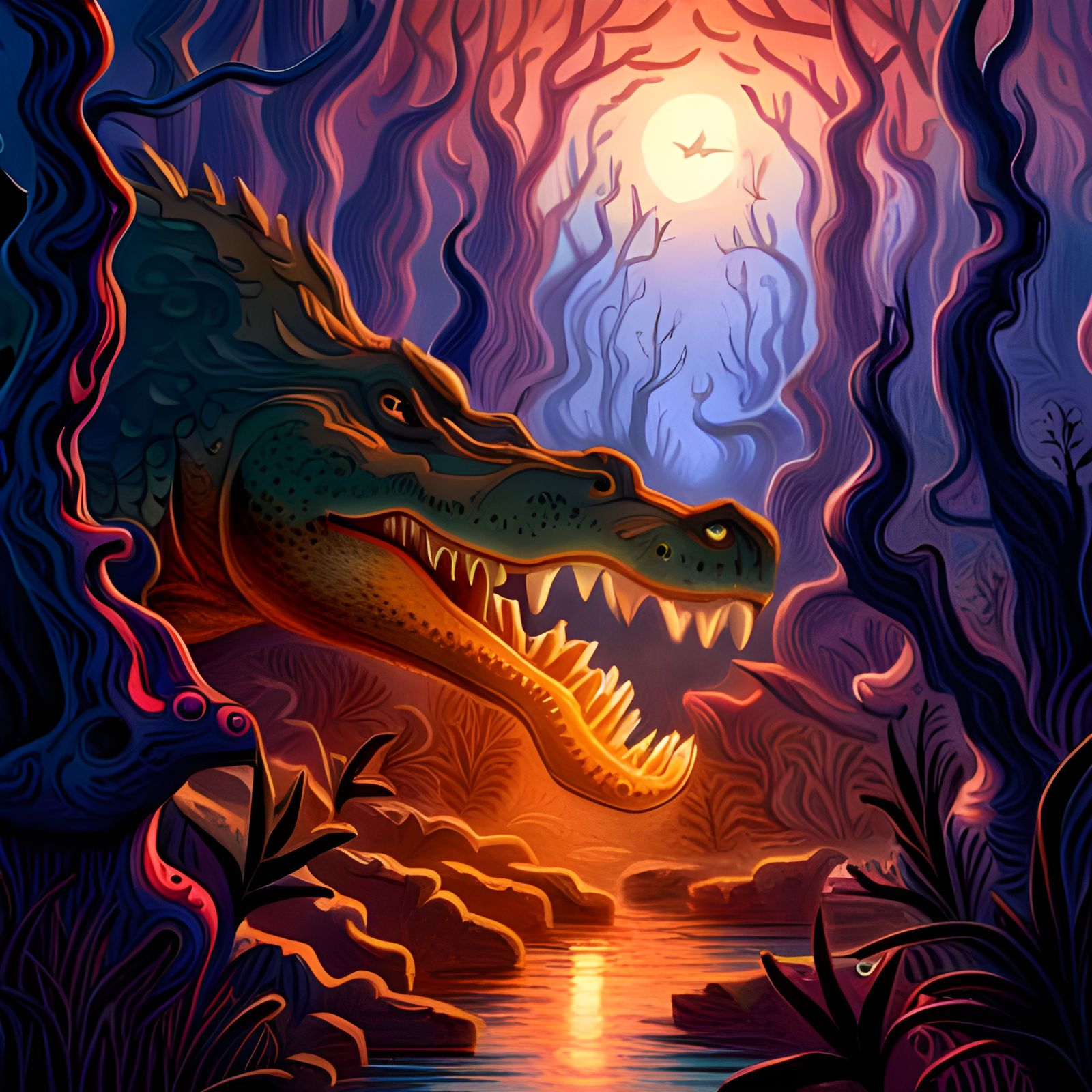 Enormous Crocodile Emerges in Spooky Ethereal Forest