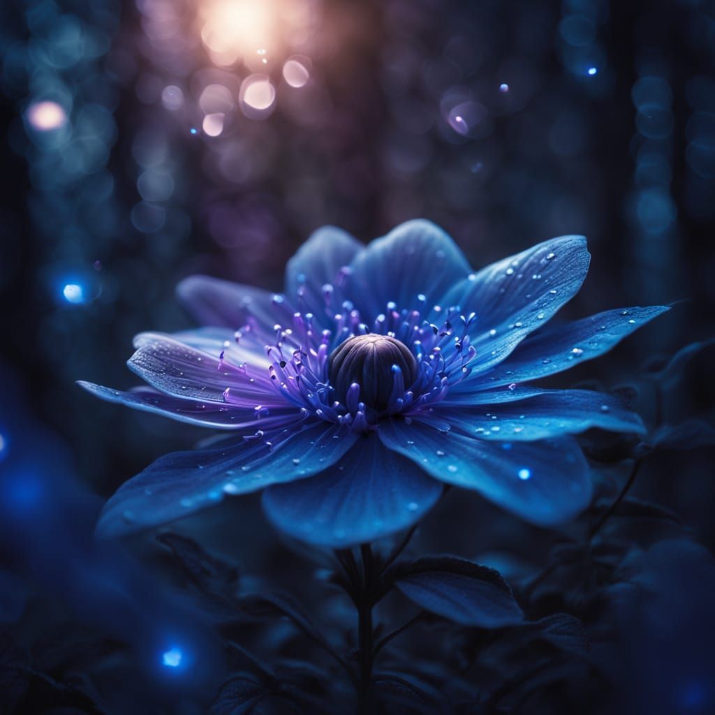 Glowing Blue Flower in Dark Forest: Surreal Macro