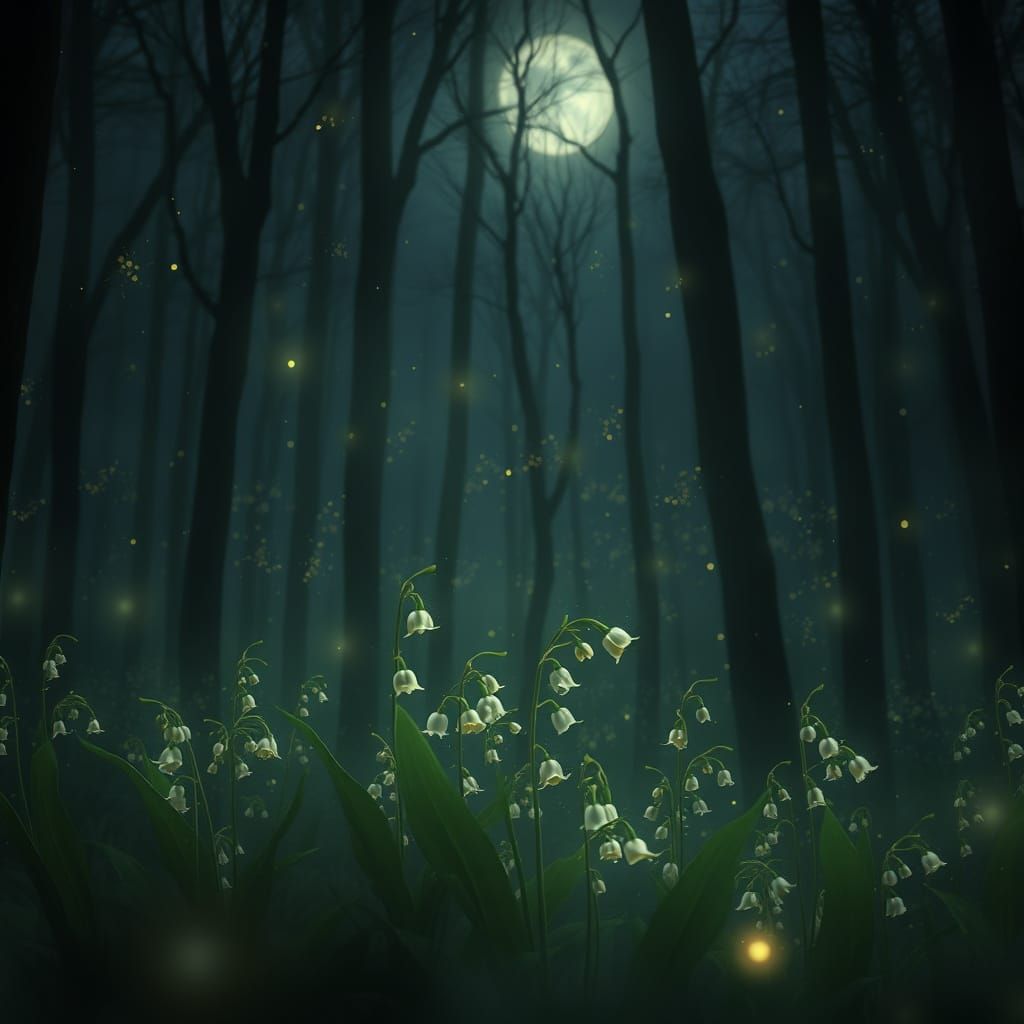 Lily of the Valley and Fireflies in Dark Forest