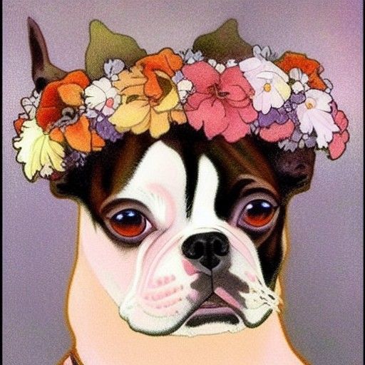 Boston Terrier with Flower Crown in Art Nouveau Style
