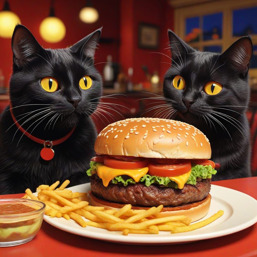 Cats Enjoying Burgers in Classic Disney Cartoon Style