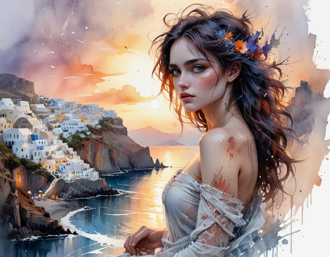 Twilight Santorini Clifftop in Watercolor Style