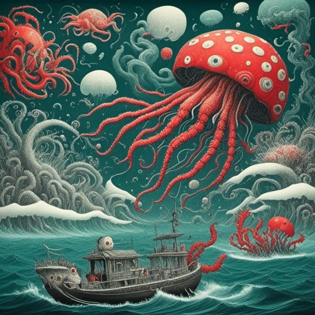 Surreal Ocean Scene with Kraken and Sea Life