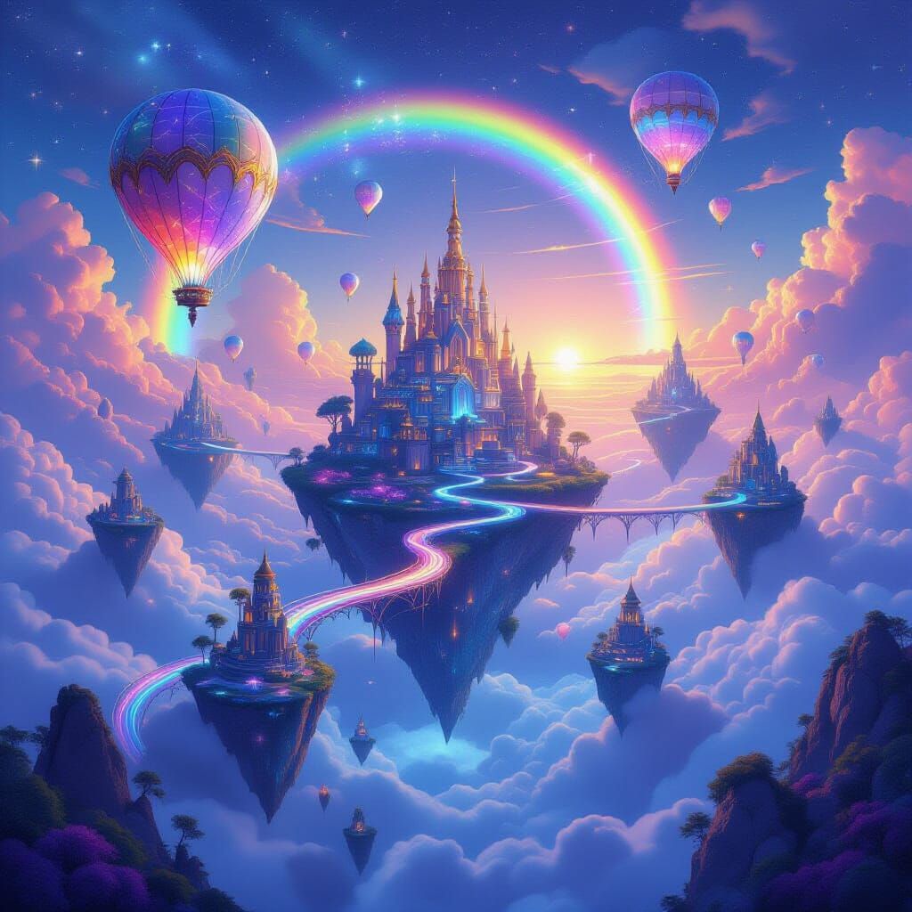 Floating Sky Islands Connected by Rainbow Bridges