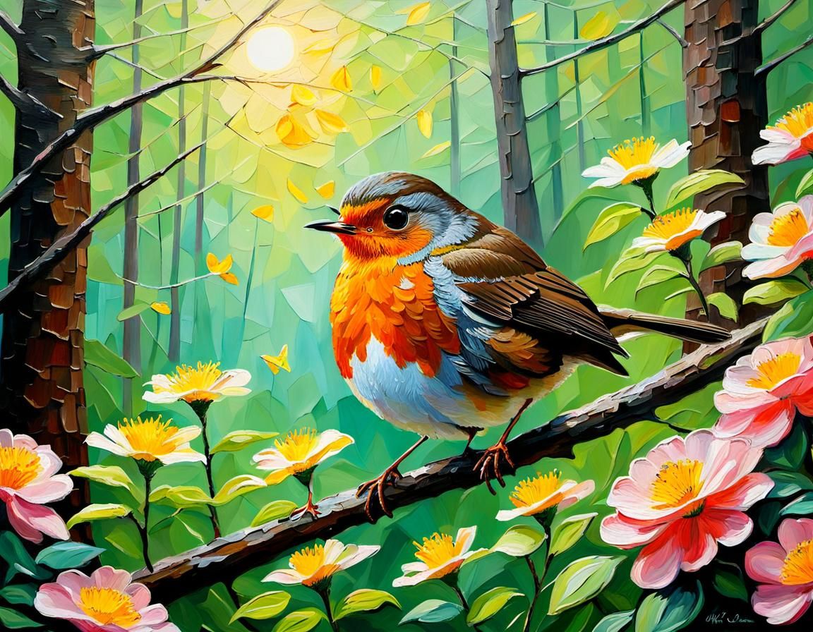European Robin in Spring Forest Impasto Painting