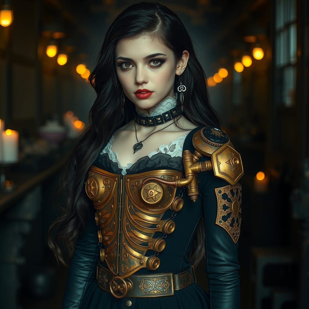 Gothic Woman in Mechanical Exoskeleton, Cyberpunk Aesthetic